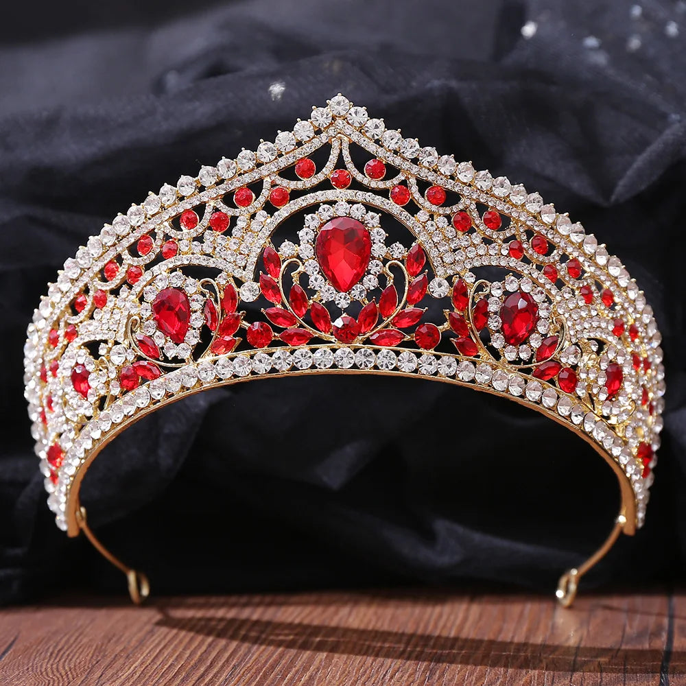 Baroque Gold Color Red Crystal Bridal Tiaras Crowns Rhinestone Pageant Diadem Women Headpieces Wedding Hair Accessories Jewelry