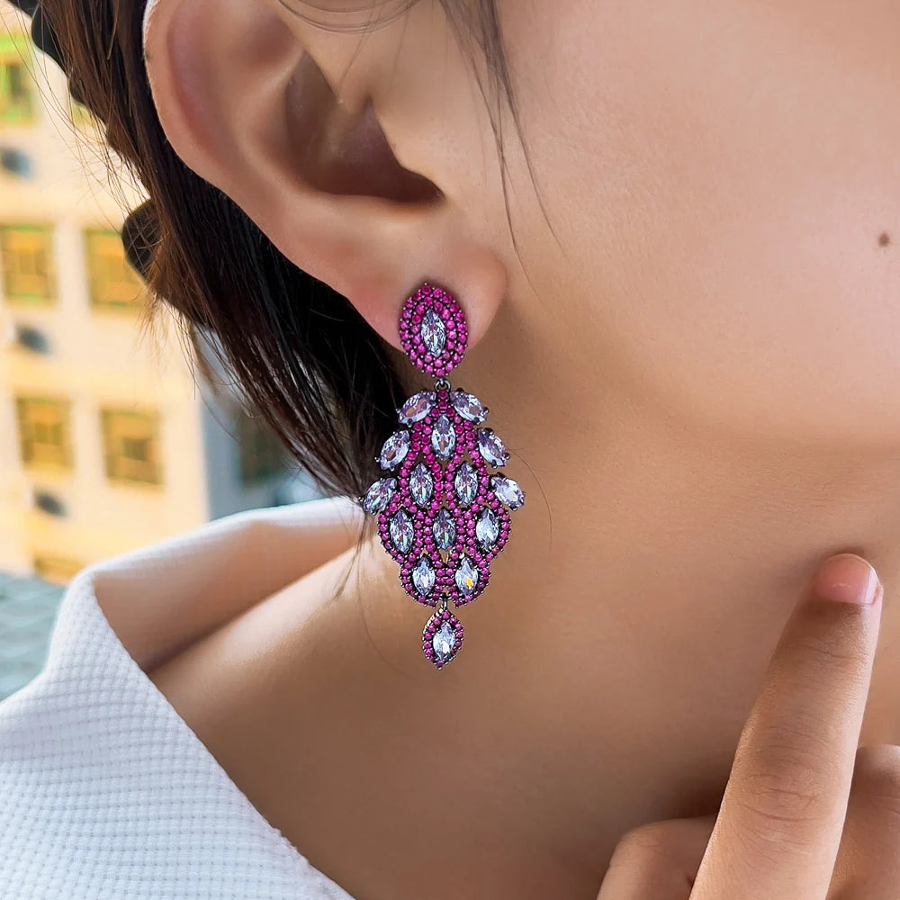 Glamorous Fuchsia Red Chunky Cubic Zirconia Paved Leaf Shape Dangle Drop Luxury Wedding Bridal Party Earrings - EUFASHIONBAGS