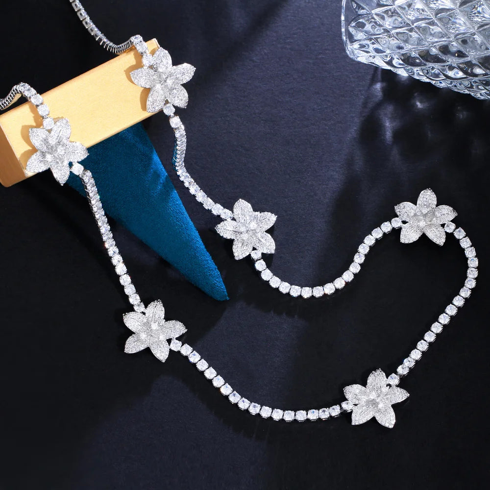 Chic Round Gorgeous Cubic Zirconia Flower Link Long Sweater Tennis Necklace for Women Bridal Party Accessories - EUFASHIONBAGS