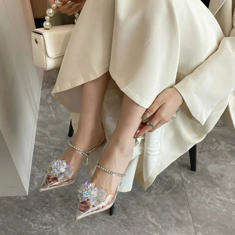 Crystal Flower Transparent High Heels Women Designer Pointed Toe Mules Wedding Prom Shoes PVC Sexy Rhinestone Sandals Ladies