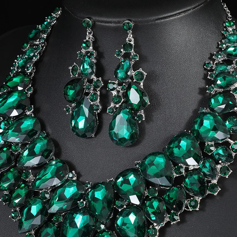 Luxury Water Drop Green Crystal Jewelry Sets For Women Wedding Party Jewelry Accessories Stud Earrings & Necklace Set - EUFASHIONBAGS