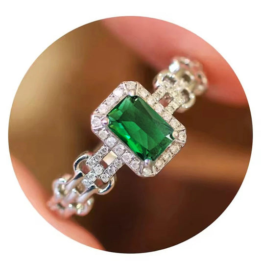 Rectangular Green Cubic Zirconia Rings Women Luxury Wedding Band Accessories Linked Band Modern Fashion Design Jewelry - EUFASHIONBAGS