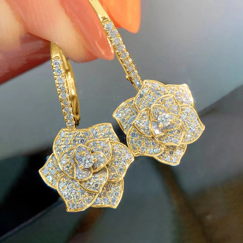 Luxury Flower Earrings for Women Full Cubic Zirconia Bling Bling Female Ear Accessories Dance Party Novel Jewelry