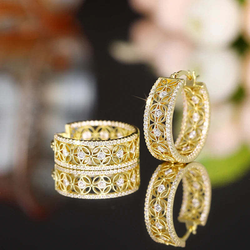 Aesthetic  Delicate Hoop Earrings Hollow-out Design Gold Color Shiny Zirconia Jewelry Graceful Engagement Accessories