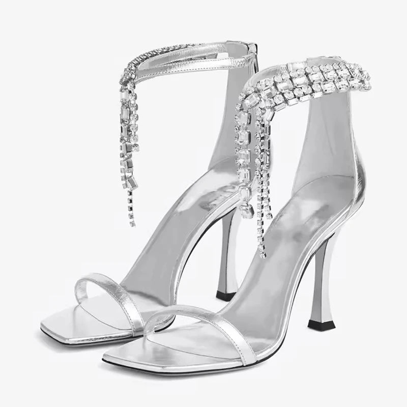 Summer Fashion Crystal Fringe Ankle Zip Cover Strap Women Sandals Rhinestones High heels Gladiator Sandal Party Prom Shoes