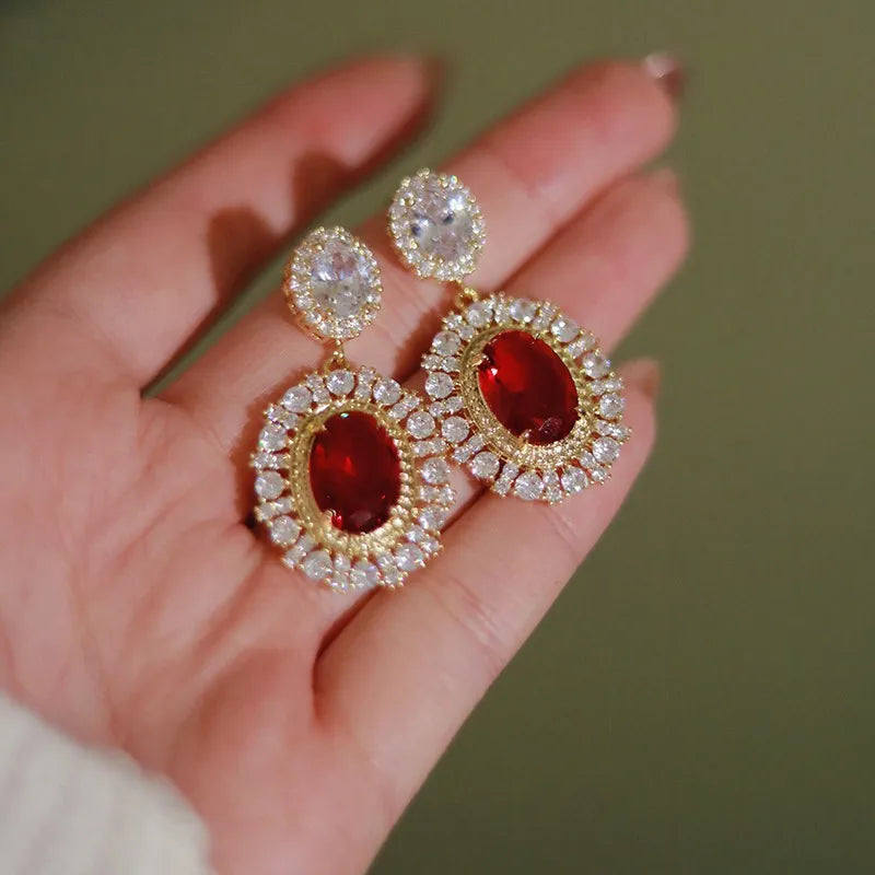 Aesthetic Gold Color Red CZ Hanging Earrings for Women Full Bling Iced Out Wedding Party Luxury Accessories Trend Jewelry - EUFASHIONBAGS