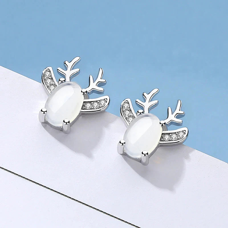 Christmas Elk Stud Earrings for Women Graceful Female Silver Color Brilliant Cubic Zirconia Jewelry Animal Accessories