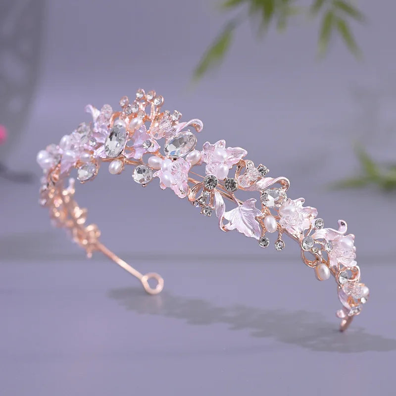 Rose Gold Color Baroque Crystal Pearls Bridal Tiaras Cubic Zircon Crown Rhinestone Pageant Diadem Headpiece Wedding Hair Jewelry - EUFASHIONBAGS