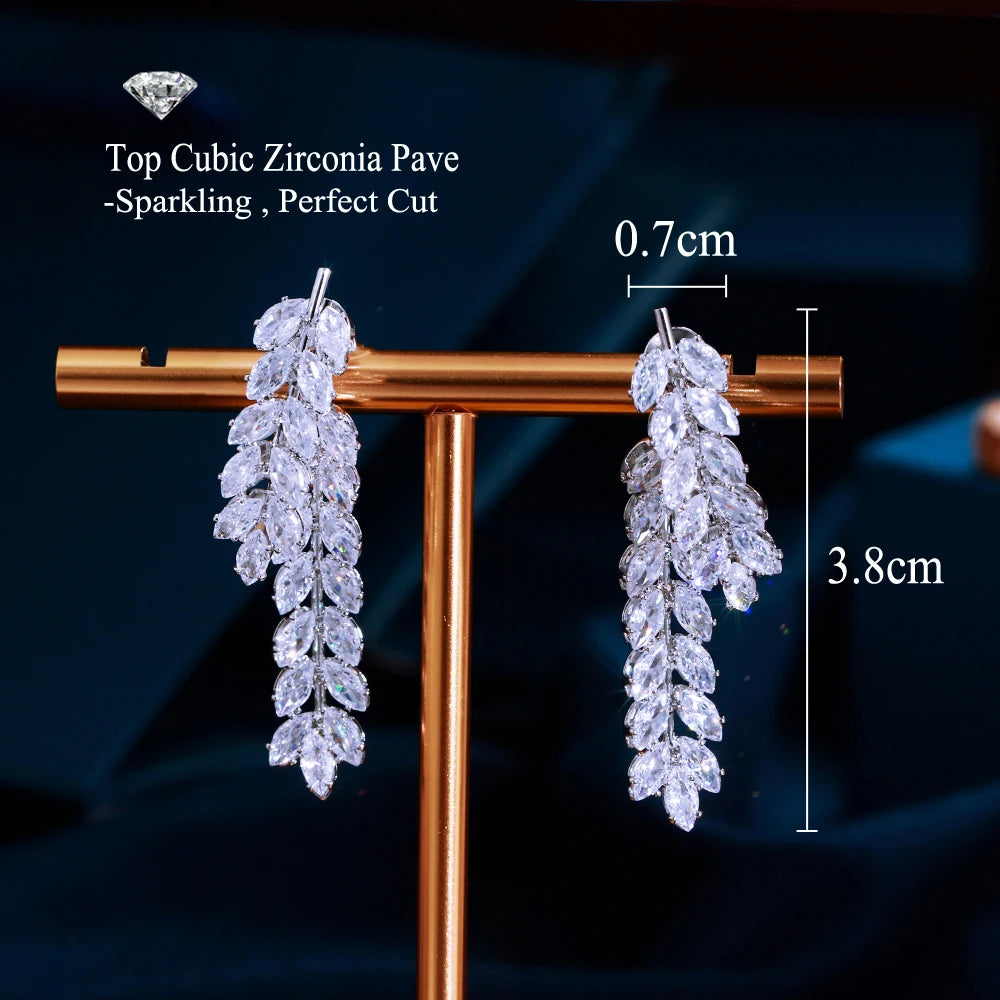 Creative Cluster Fringed Leaf Shape Shiny Cubic Zirconia Dangle Drop Earrings for Women Daily Party Engagement - EUFASHIONBAGS