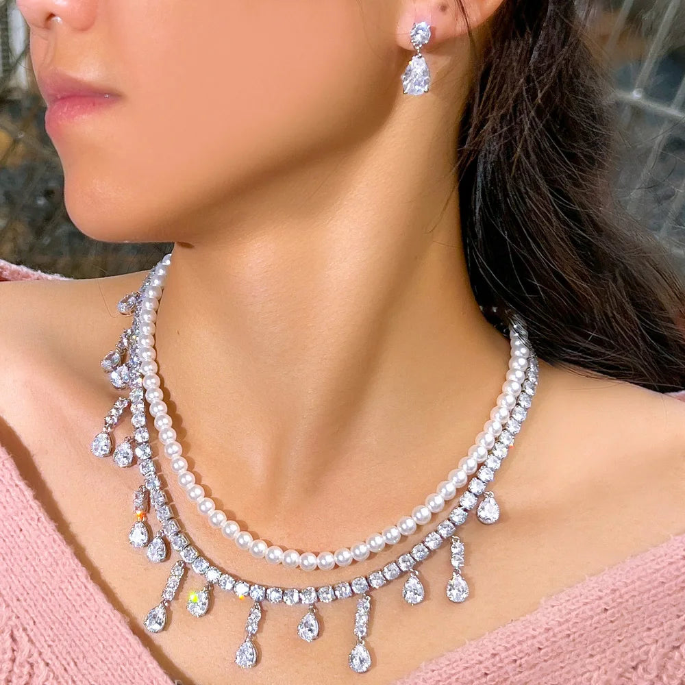 Shiny Tassel Water Drop Cubic Zirconia Big 2 Layer Pearl Necklace Bridal Jewelry Sets for Wedding Women Party - EUFASHIONBAGS