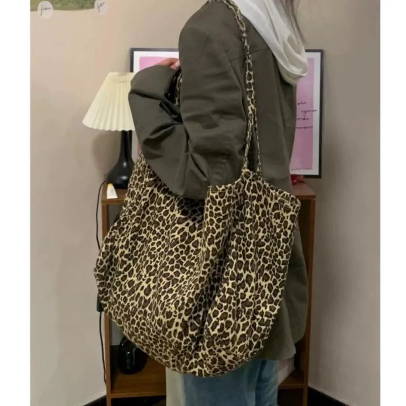 Vintage Leopard Print Tote Bag Handbag Women Retro Large Casual Shoulder Bags Female Harajuku Canvas Y2k Bags - EUFASHIONBAGS