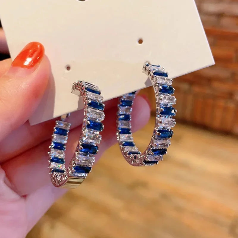 Blue/White CZ Hoop Earrings Full Bling Iced Out Engagement Wedding Party Luxury Trendy Jewelry for Women New - EUFASHIONBAGS