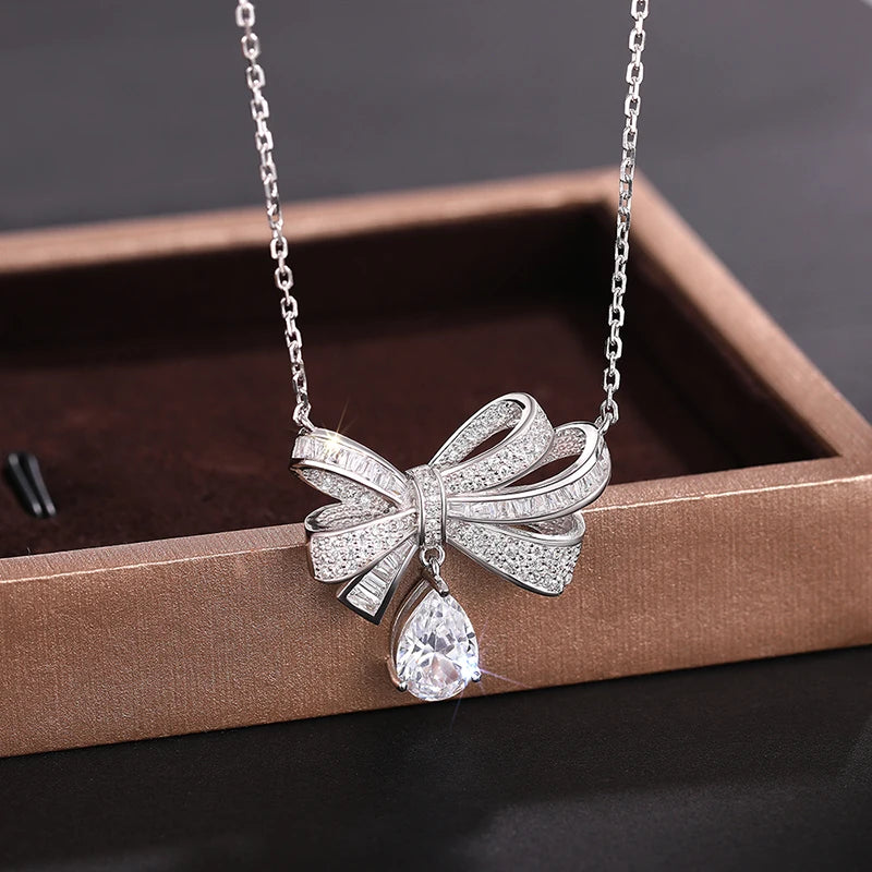 Aesthetic Bowknot Pendant Necklace Lady Wedding Jewelry with Bright Zirconia Graceful Female Luxury Accessories for Party