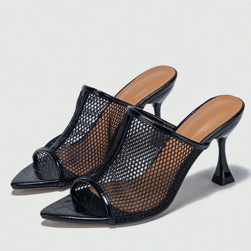 Street Style Sexy Hollow Out Mesh Women Slippers Sandals Fashion Cozy Pointed Open Toe Black High Heels Mules Slides Shoes - EUFASHIONBAGS