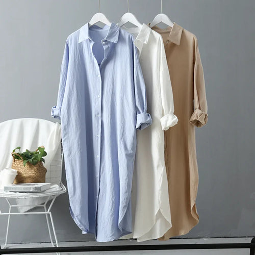 2024 Spring Casual Women's Blouses Korean Clothing Autumn Vintage Linen Cotton Mid-Length White Shirt Dress For Female Chic Tops