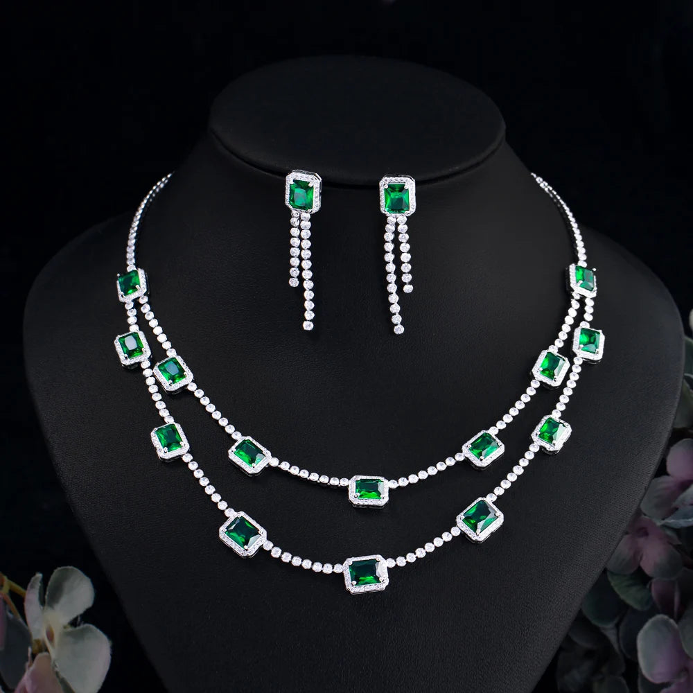 Luxury Green Square Cubic Zircon Double Layered Necklace Earrings Wedding Bridal Jewelry Sets Dress Accessories - EUFASHIONBAGS