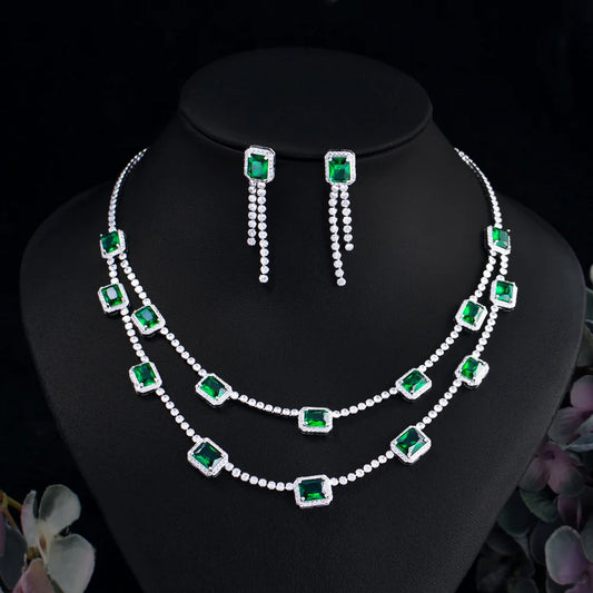 Luxury Green Square Cubic Zircon Double Layered Necklace Earrings Wedding Bridal Jewelry Sets Dress Accessories - EUFASHIONBAGS