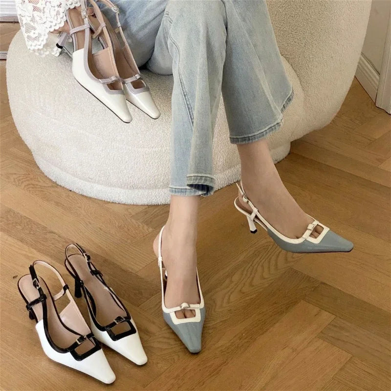 2025 New Pointed Toe Mules Pumps Women Summer Square Toe Slingback High Heels Women Buckle Elegant Designer Dress Sandals Female