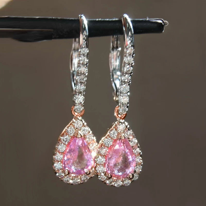 Graceful Two-tone Style Drop Earrings for Women Pink Pear-shaped Zirconia Pendant Accessories Female Engagement Jewelry