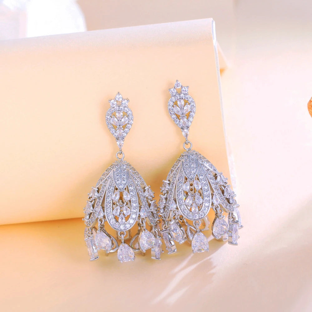 Dangling Water Drop White Cubic Zirconia Luxury Sparkly Long Big Women Wedding Bridal Party Earrings Jewelry - EUFASHIONBAGS