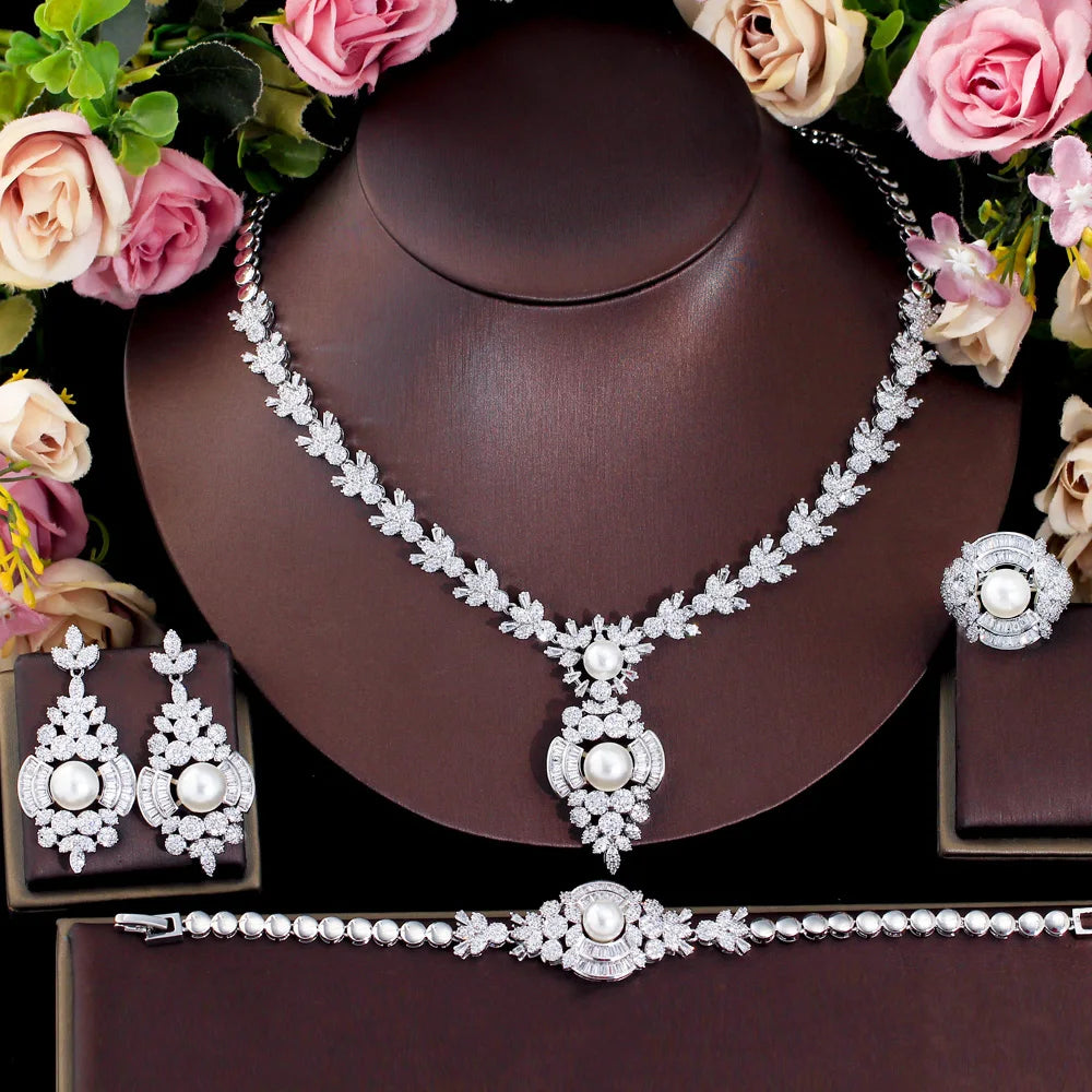 4pcs Cubic Zirconia Luxury White Pearl Necklace Earrings Jewelry Sets for Women Wedding Bridal Party Accessories