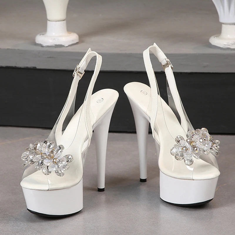 PVC Transparent Women Back Buckle Strap Platform Sandals Fashion Crystal Peep Toe 13CM Super High Heels Party Dress Shoes