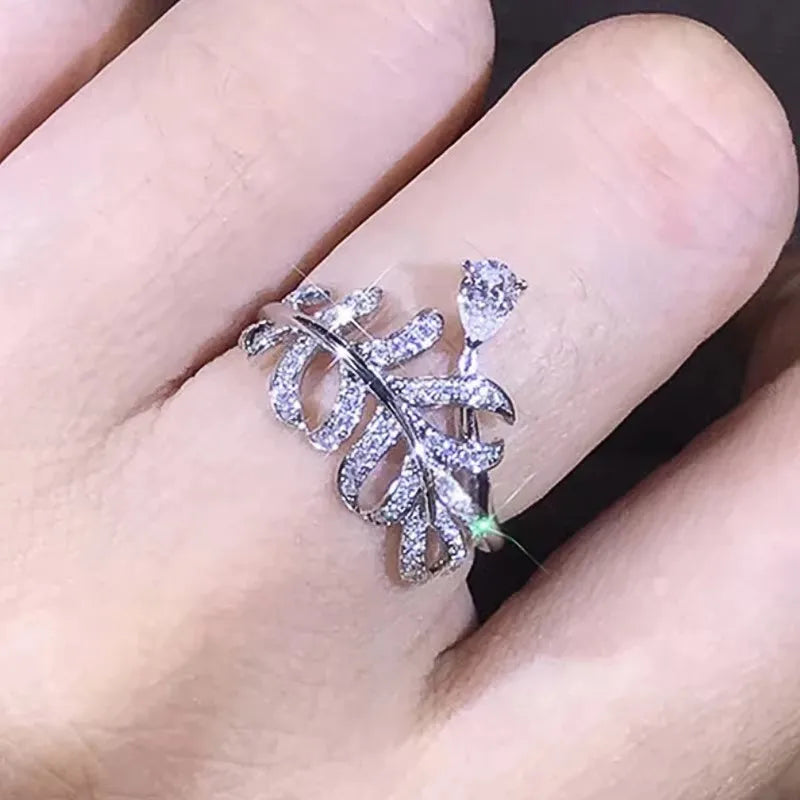 Leaf Design Rings with Sparkling CZ for Women Brilliant Promise Wedding Band Jewelry Versatile Trendy Accessory - EUFASHIONBAGS