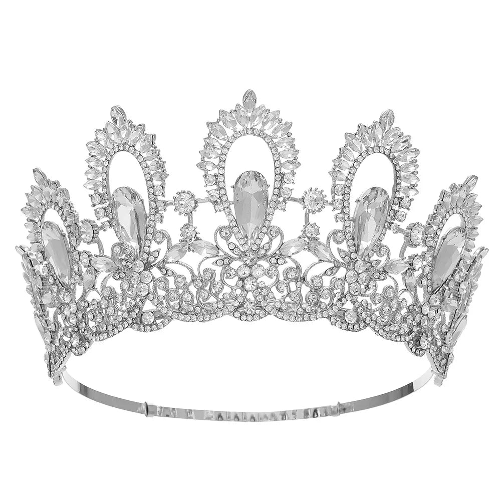 Baroque Miss Universe Crystal Feather Round Bridal Tiaras Crowns Royal Queen Rhinestone Pageant Diadem Wedding Hair Accessories - EUFASHIONBAGS