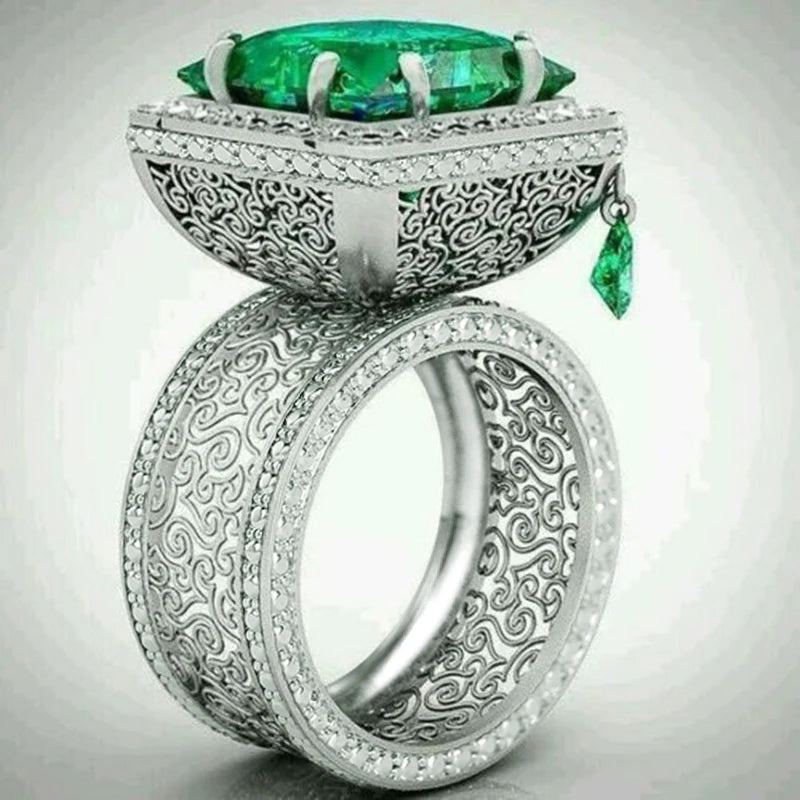 Square Green Cubic Zirconia Rings Gorgeous Hollow Pattern Women Accessories Unique Wedding Rings Gift New Trendy Jewelry