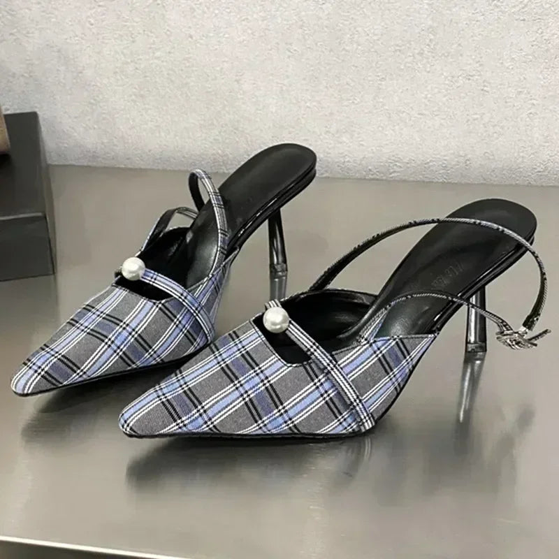 Pointed Toe Retro Plaid High Heels Women Slingbacks Shoes Women Pumps Sexy Office Fashion Dress Shoes Sandalias De Mujer