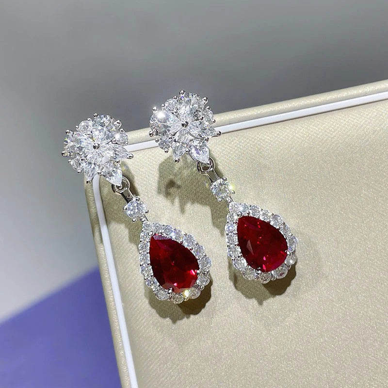 Bright Red CZ Dangle Earrings for Women Aesthetic Flower Design Bridal Wedding Earrings Anniversary Gift Trendy Jewelry - EUFASHIONBAGS