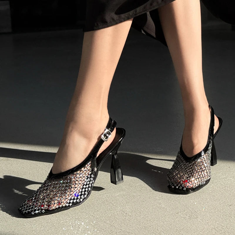 Summer Fashion Glitter Rhinestones Women Pumps Crystal Mesh Square Toe Party Dress Shoes Black White High Heels Sandals