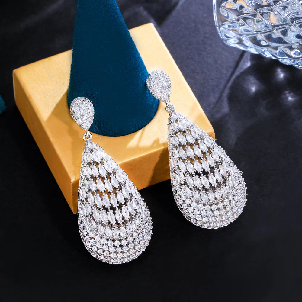 Heavy Stone Work Bling Marquise Cut White Cubic Zircon Dangly Drop Long Wedding Bridal Earrings for Women Jewel - EUFASHIONBAGS