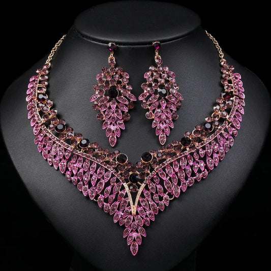 Luxury Exquisite Purple Crystal Water Drop Wedding Stud Earrings Choker Necklace For Women Bridal Jewelry Sets Party Accessories - EUFASHIONBAGS