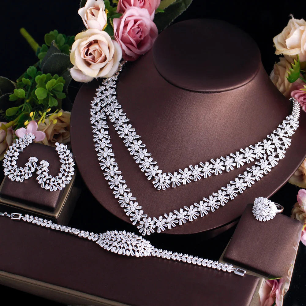 4 Pcs Sparkling Cubic Zirconia Big Two Layered Necklace Wedding Bridal Festive Dubai Jewelry Sets for Women - EUFASHIONBAGS