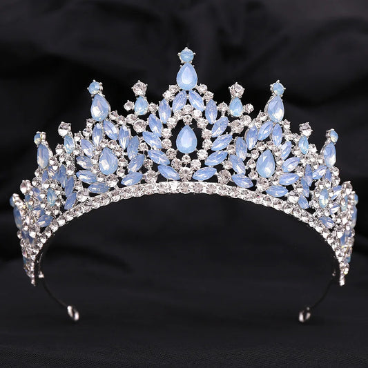 Silver Color Blue Opal Wedding Crown Princess Headdress Crystal Bridal Tiaras Rhinestone Diadem Wedding Hair Jewelry Accessories - EUFASHIONBAGS