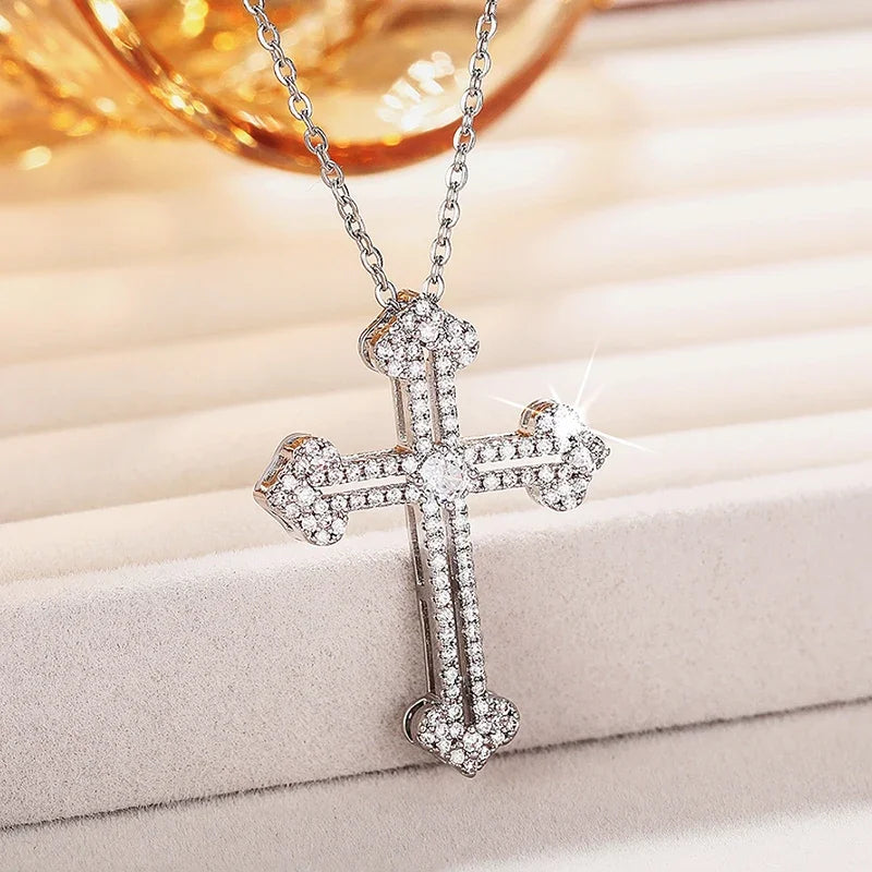 New Trendy Cross Pendant Necklace Women Daily Wear Statement Neck Accessories Gift Sparkling Cubic Zirconia Girls Jewelry - EUFASHIONBAGS