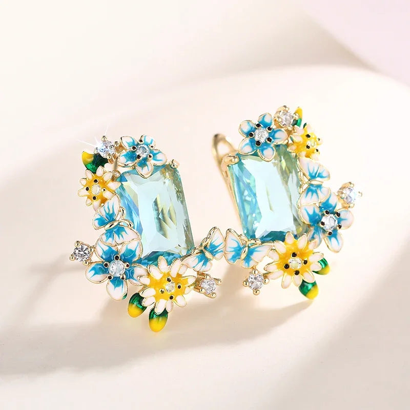 Blue Yellow Flowers Enamel Earrings with Big Sky Blue CZ Aesthetic Drop Earrings for Women Wedding Party Unique Jewelry - EUFASHIONBAGS