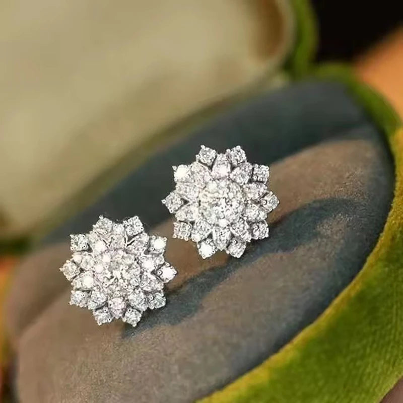 Lady Flower Stud Earrings with Shiny Zirconia Delicate Silver Color Accessories for Engagement Aesthetic Jewelry