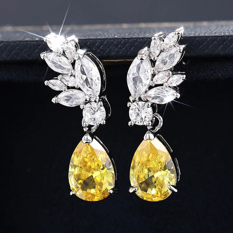 Bright Yellow Pear Cubic Zirconia Dangle Earrings Women Wedding Gorgeous Elegant Lady Earrings Fancy Gift Fashion Jewelry - EUFASHIONBAGS