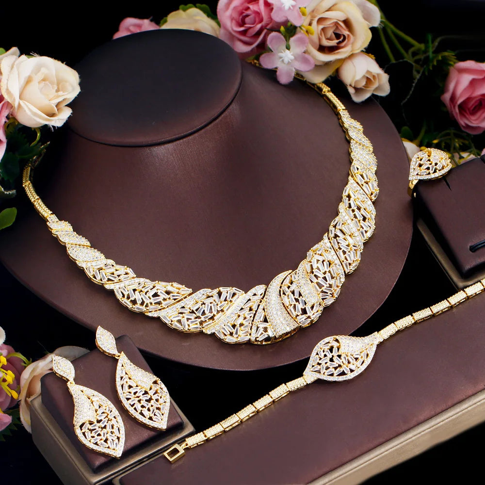 4pcs Luxury Chunky CZ Nigeria Gold Plated Dubai Necklace Jewelry Sets for Women Wedding Bridal Dress Accessories