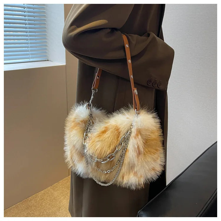 Vintage Y2K Handbag Women Autumn New Hot Girls Chain Plush Soft Shoulder Bag Ladies Harajuku Grey Underarm Bag Aesthetic - EUFASHIONBAGS