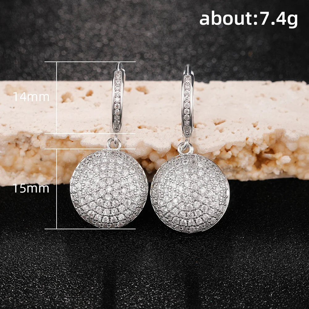 Full Paved CZ Round Pendant Dangle Earrings Women Silver Color Luxury Wedding Earrings Eternity Statement Jewelry - EUFASHIONBAGS