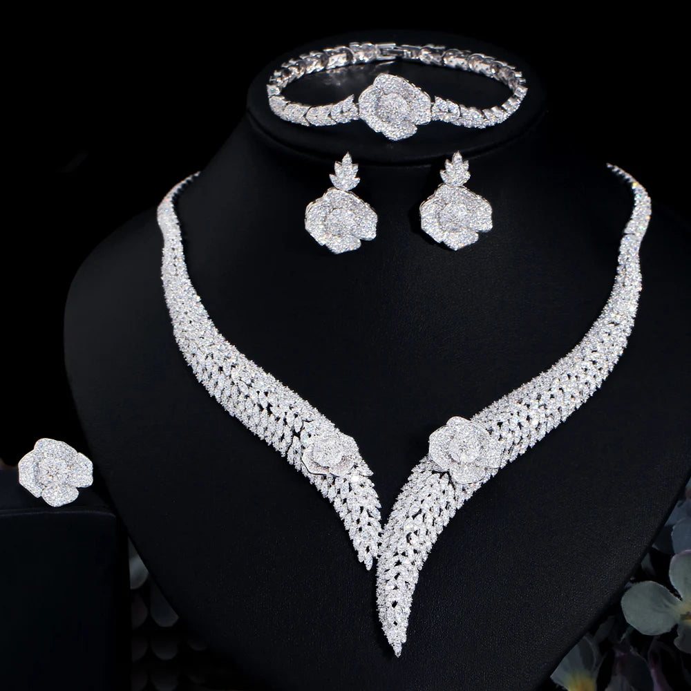 4 Pcs Full Dubai Cubic Zirconia Pave Flower Bridal Big Necklace Luxury Wedding Costume Jewelry Sets for Women - EUFASHIONBAGS