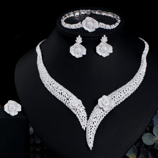 4 Pcs Full Dubai Cubic Zirconia Pave Flower Bridal Big Necklace Luxury Wedding Costume Jewelry Sets for Women