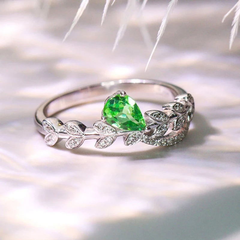 Waterdrop Green Cubic Zirconia New Rings for Women Fancy Leaf Design Wedding Band Accessories Luxury Trendy Lady Jewelry