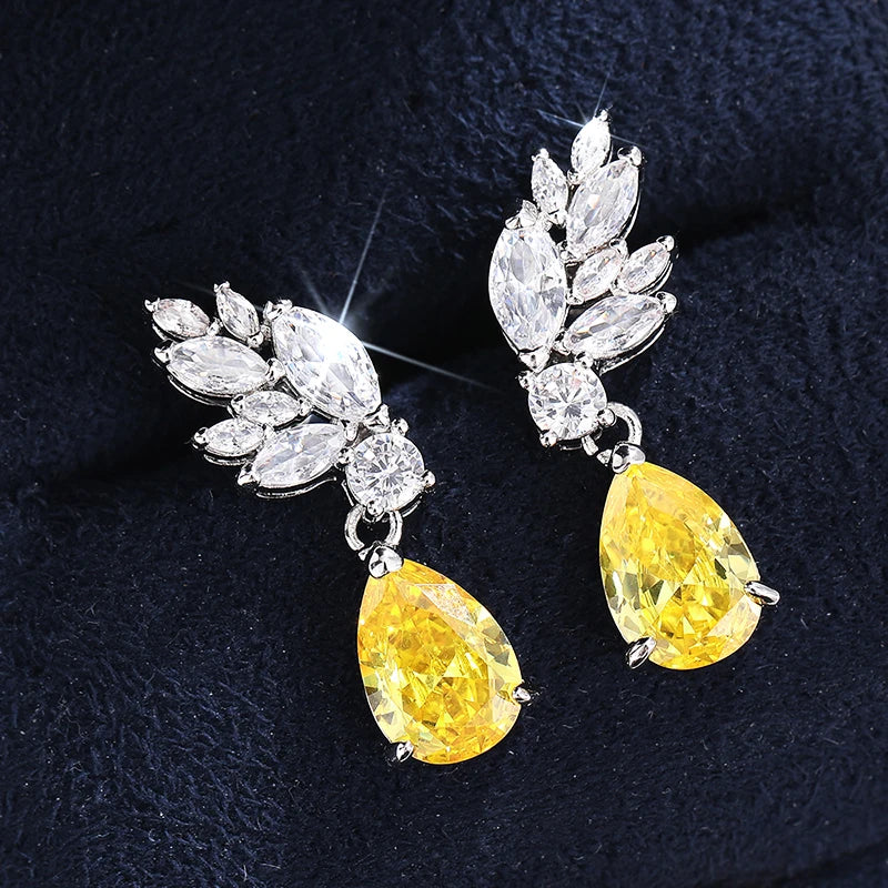 Bright Yellow Pear Cubic Zirconia Dangle Earrings Women Wedding Gorgeous Elegant Lady Earrings Fancy Gift Fashion Jewelry - EUFASHIONBAGS