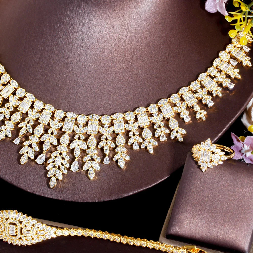 4pcs Full Micro African CZ Luxury Indian Gold Plated Fringed Chandelier Necklace Big Wedding Bridal Jewelry Sets