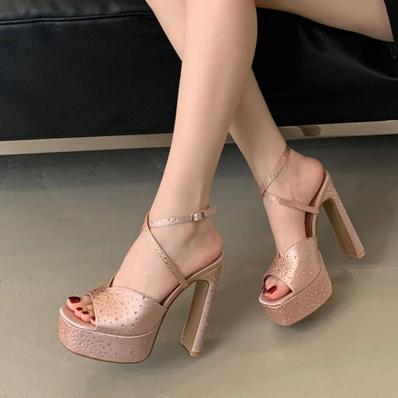 Fashion Rhinestone High Heels Women Sexy Sandals Crystal Silk Ankle Strap Female Square Toe Chunky Platform Shoes Black