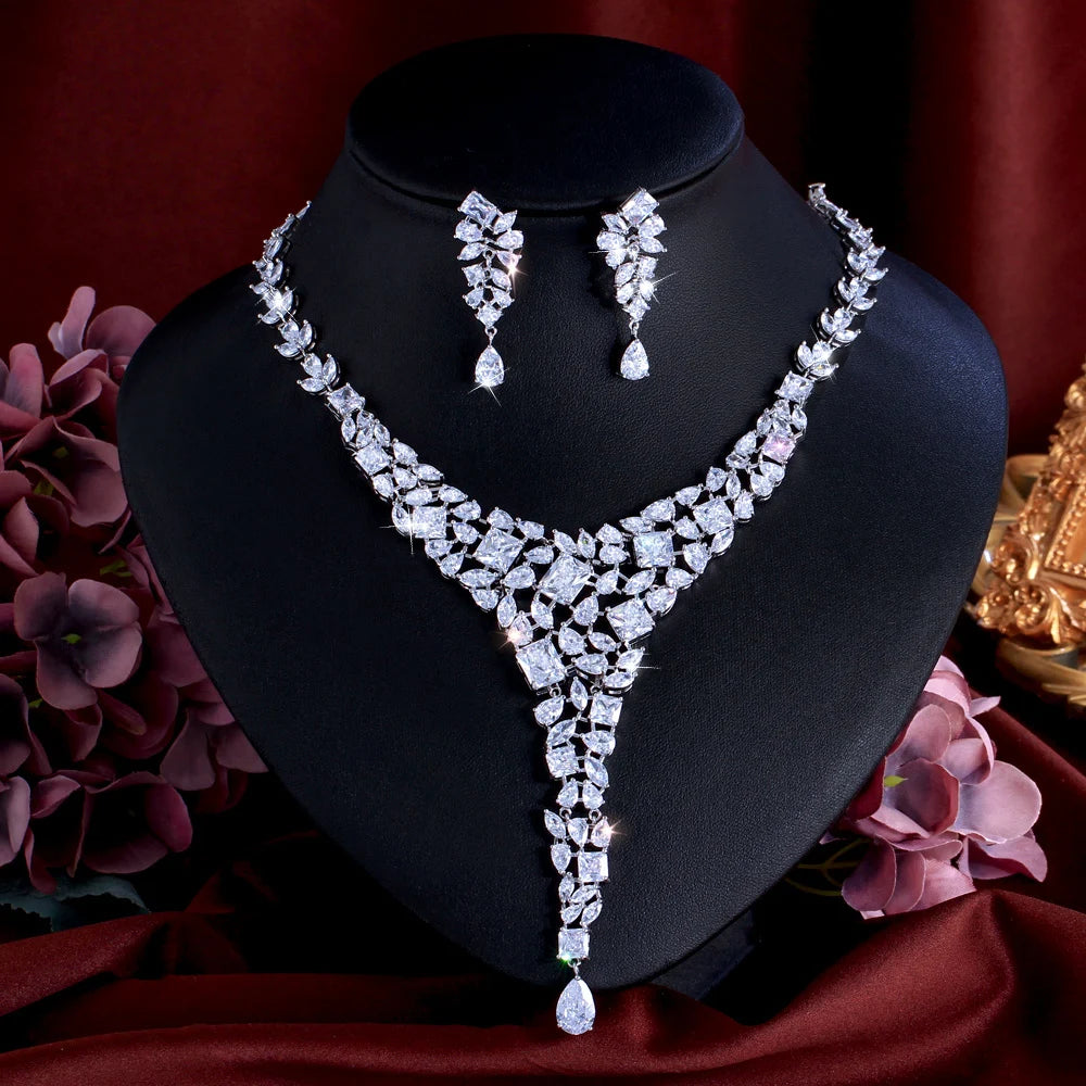 Chunky White Cubic Zirconia Luxury Statement Large Wedding Necklace Earrings Bridal Dress Jewelry Set for Women - EUFASHIONBAGS